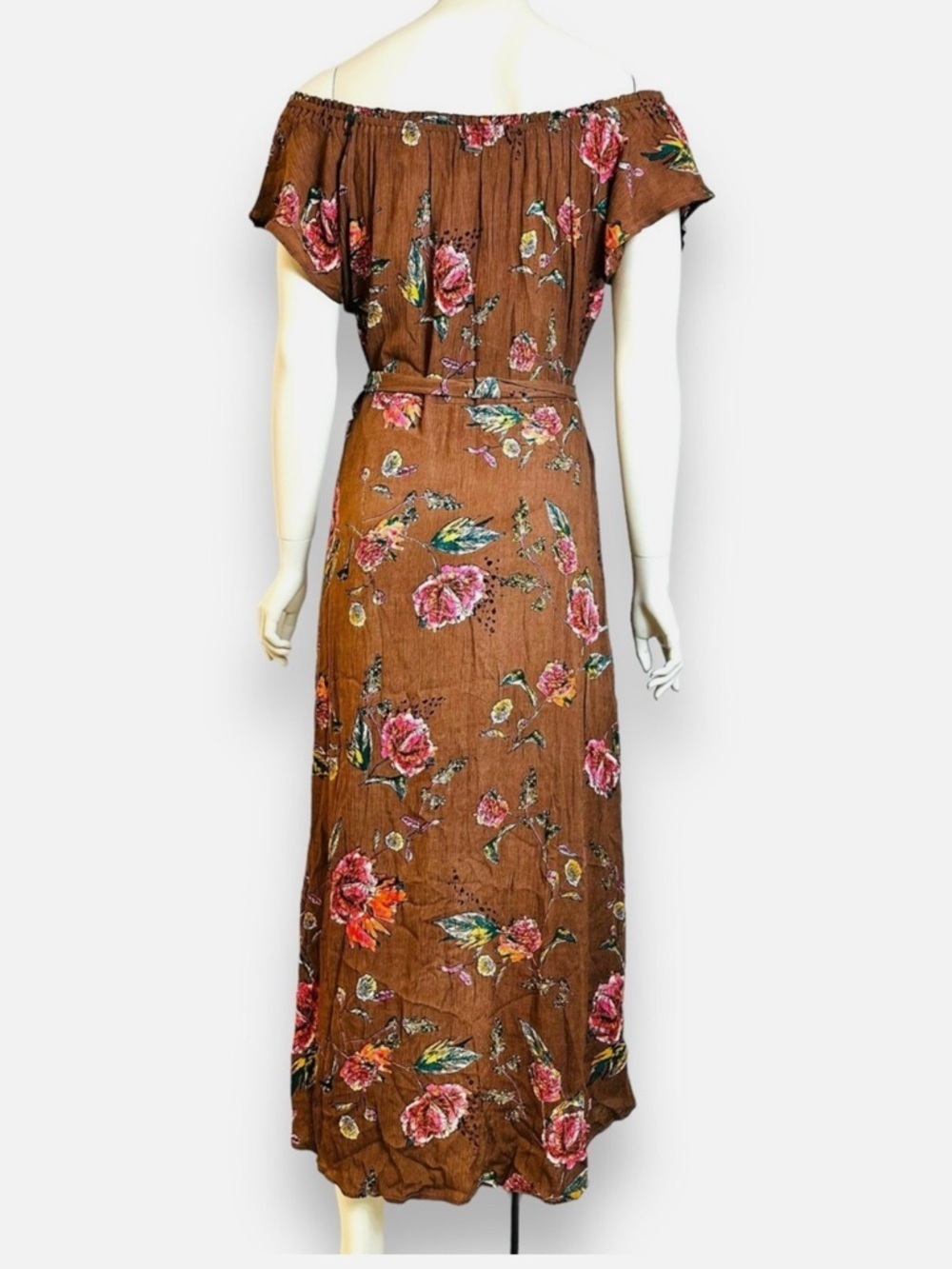 O'Neill Conners Off The Shoulder Midi Dress Large Women's Floral Brown Tie - Picture 6 of 6